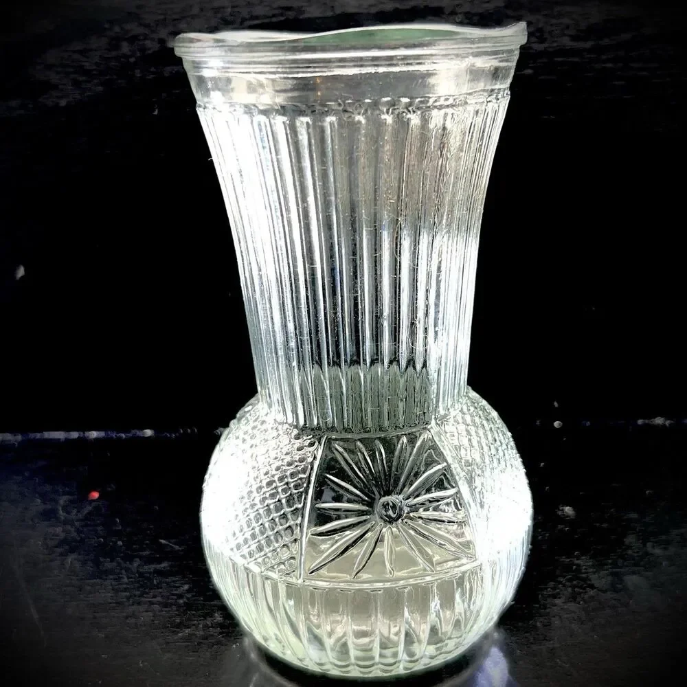 Vintage Clear Pressed Glass 6.5”Flower Vase- Ribbed & Starburst Diamond Design